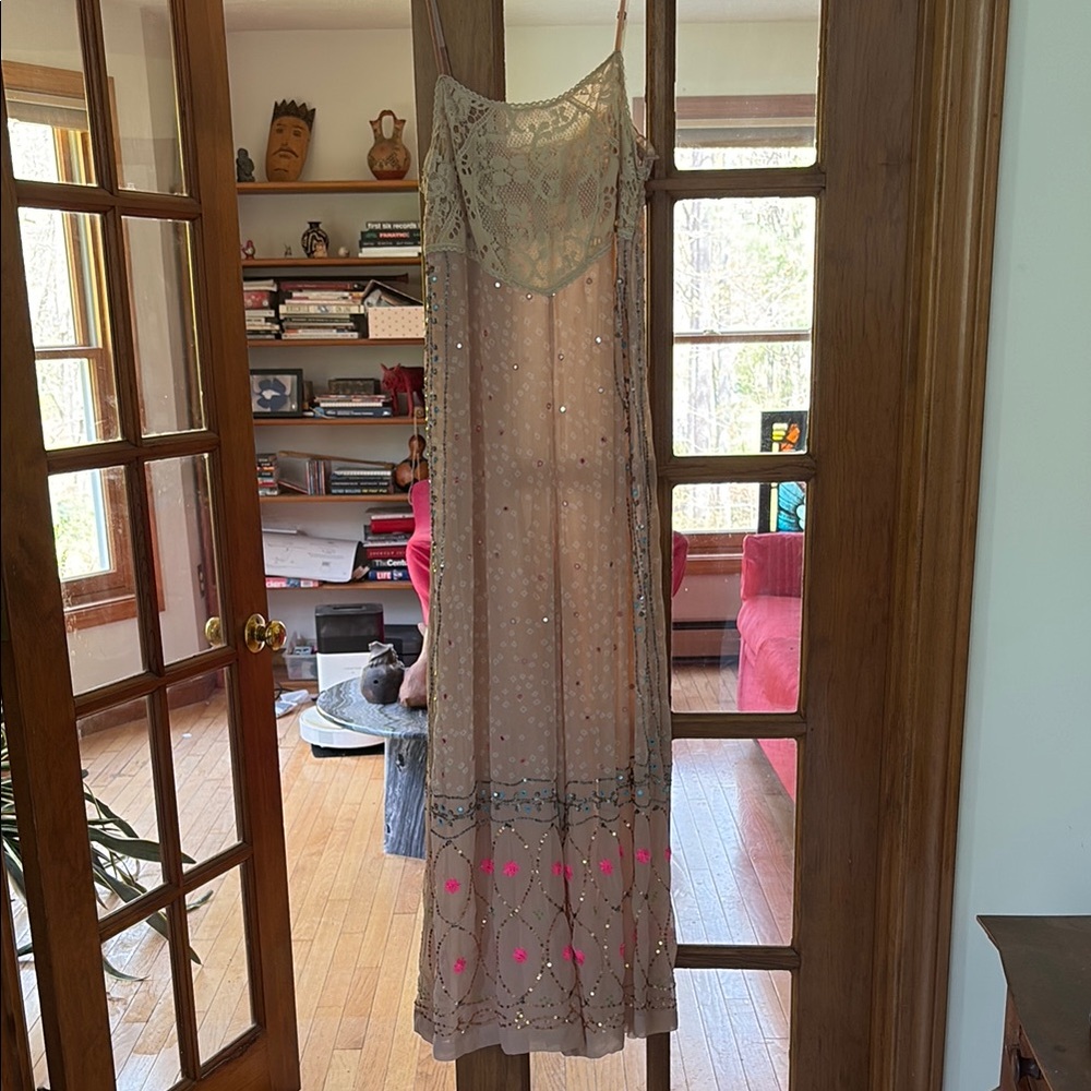 Sheer Lace Jumpsuit with Pink and Blue Sequin Accents